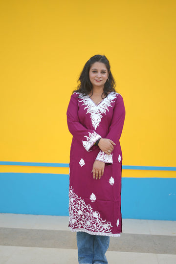 TOK Aari Embroidered Cotton Solid Women's Long Kurta - Magenta