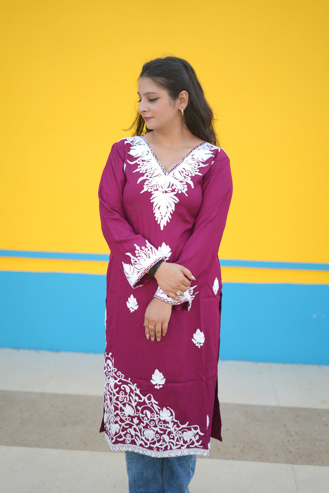 TOK Aari Embroidered Cotton Solid Women's Long Kurta - Magenta