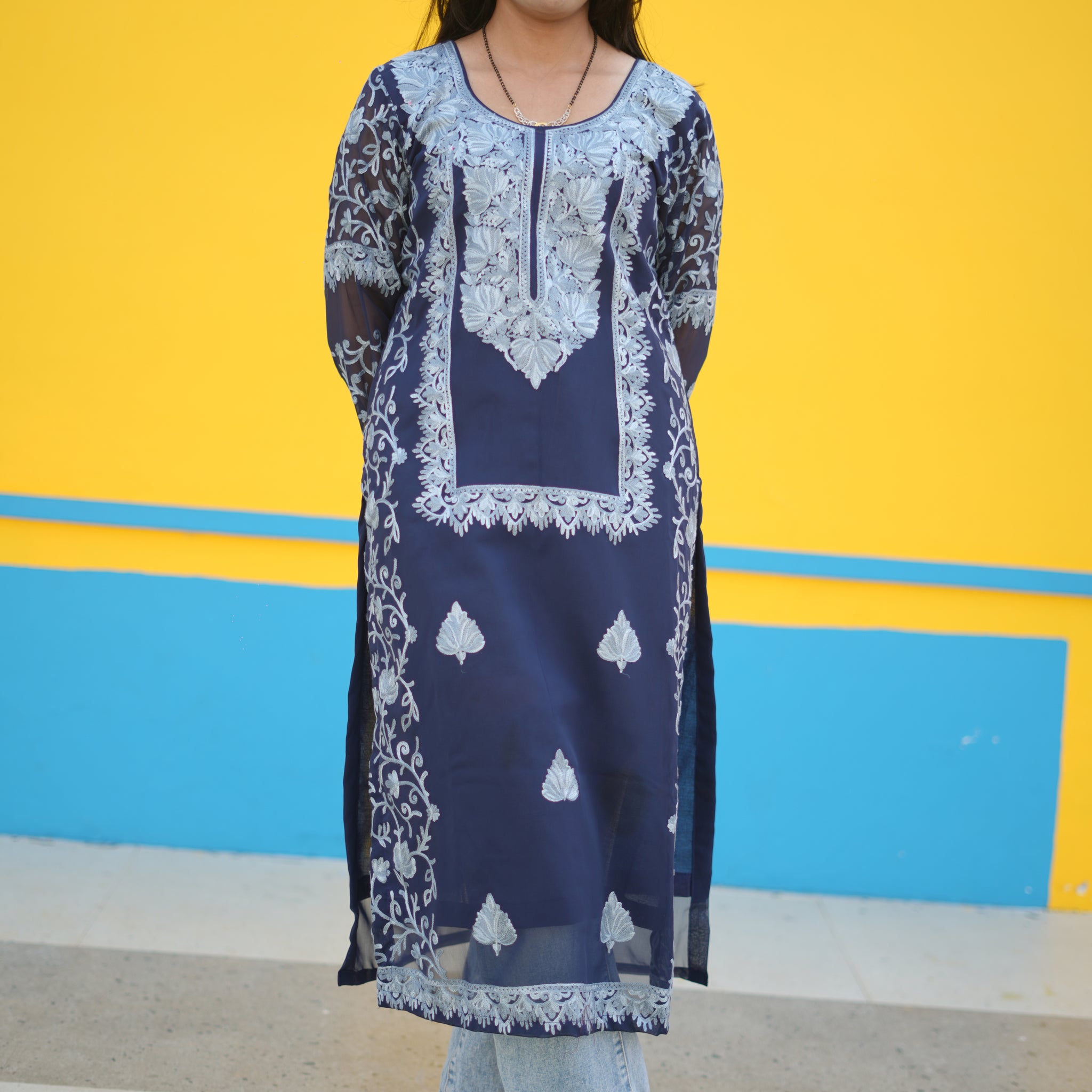 TOK Aari Embroidered Georgette Women's Long Kurta - Navy Blue
