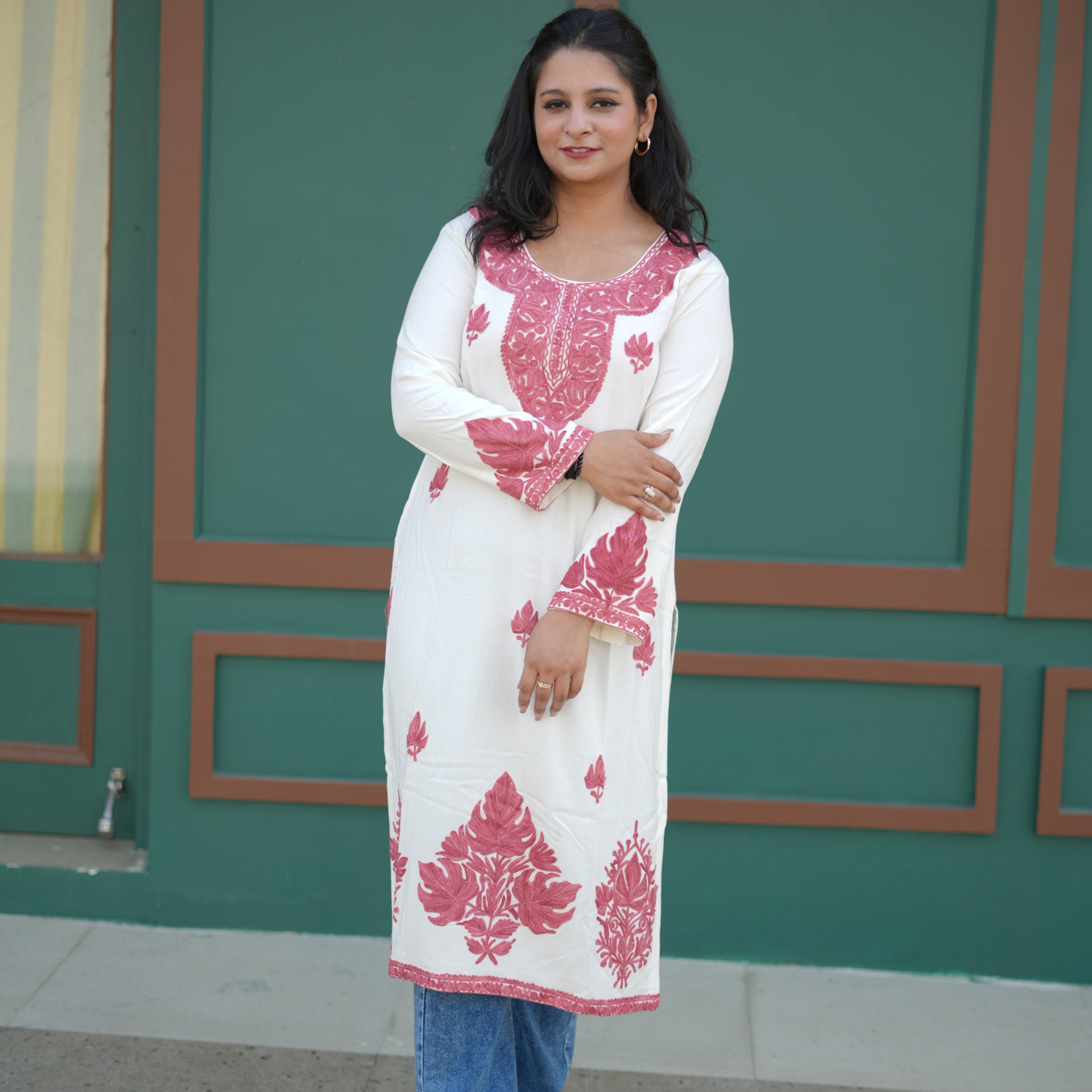 TOK Aari Embroidered Cotton Solid Women's Long Kurta - White