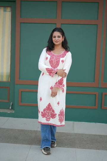 TOK Aari Embroidered Cotton Solid Women's Long Kurta - White