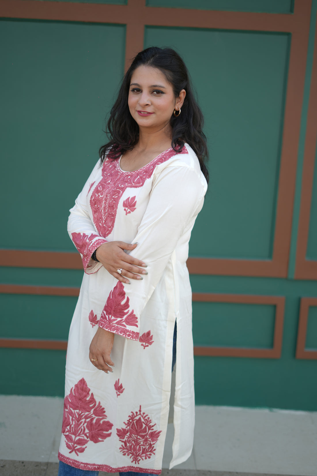 TOK Aari Embroidered Cotton Solid Women's Long Kurta - White