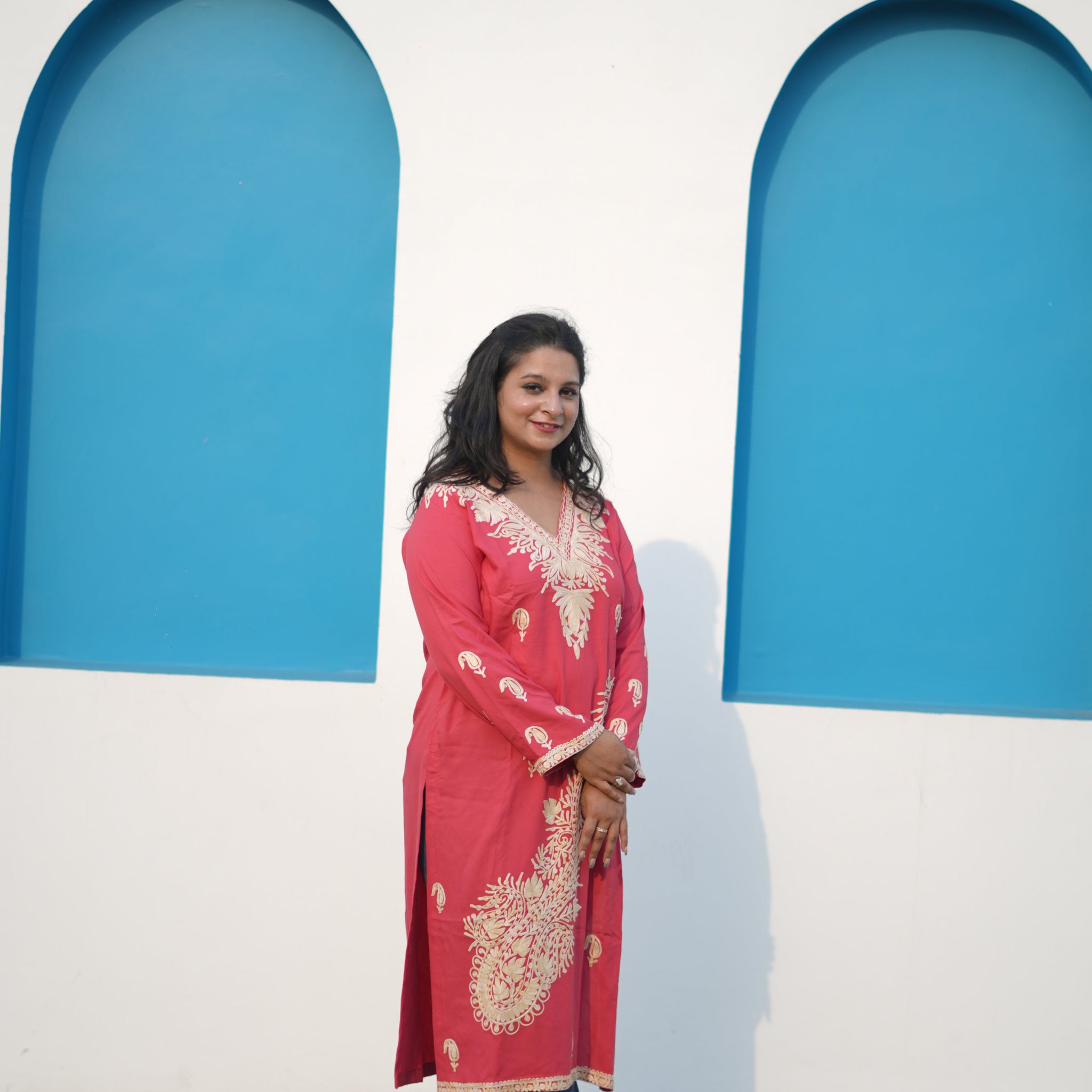 TOK Aari Embroidered Cotton Solid Women's Long Kurta - Pink