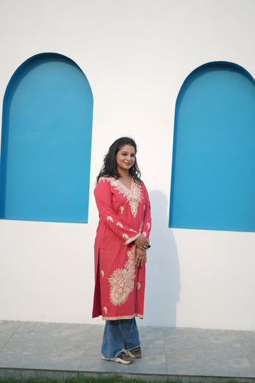 TOK Aari Embroidered Cotton Solid Women's Long Kurta - Pink