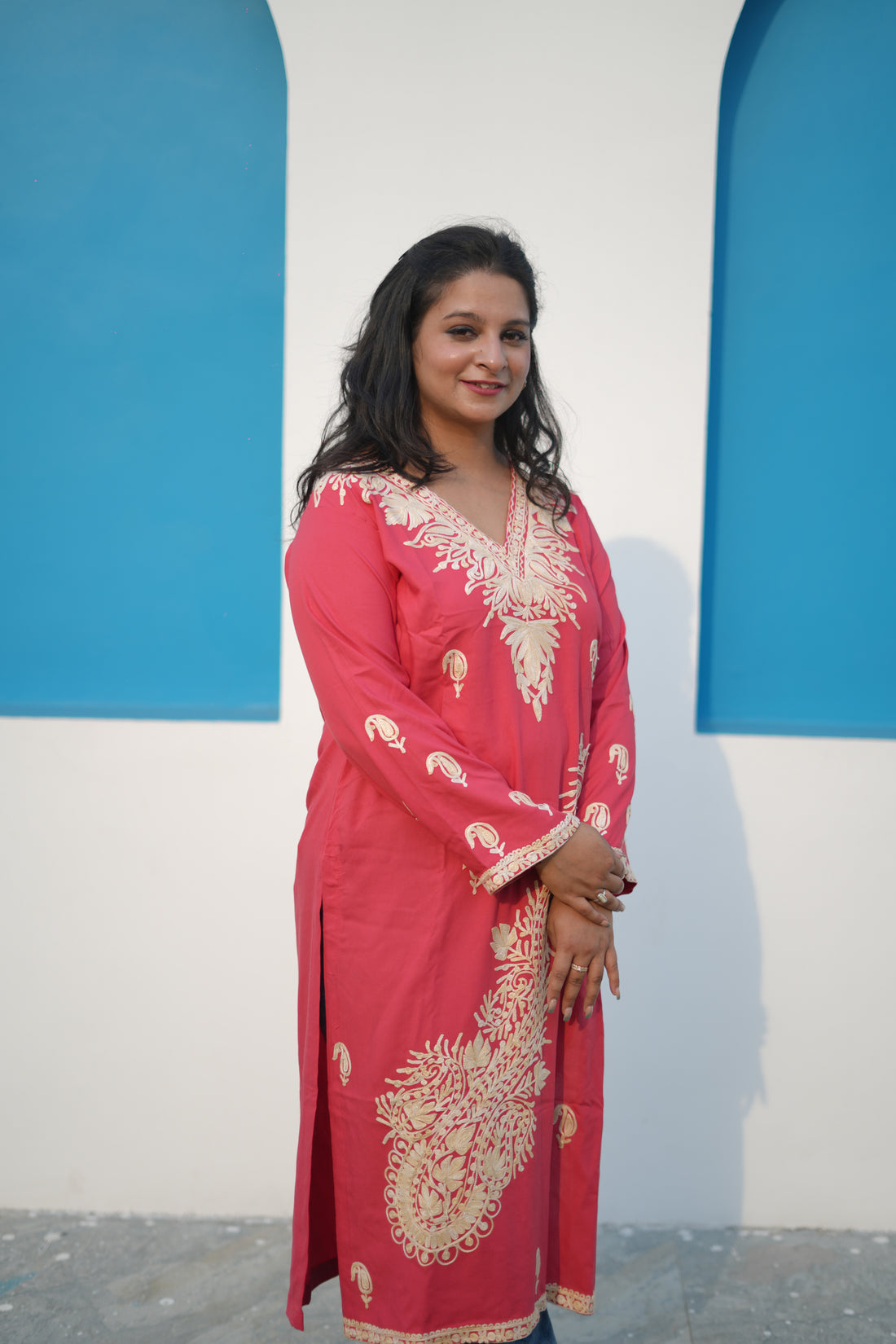 TOK Aari Embroidered Cotton Solid Women's Long Kurta - Pink