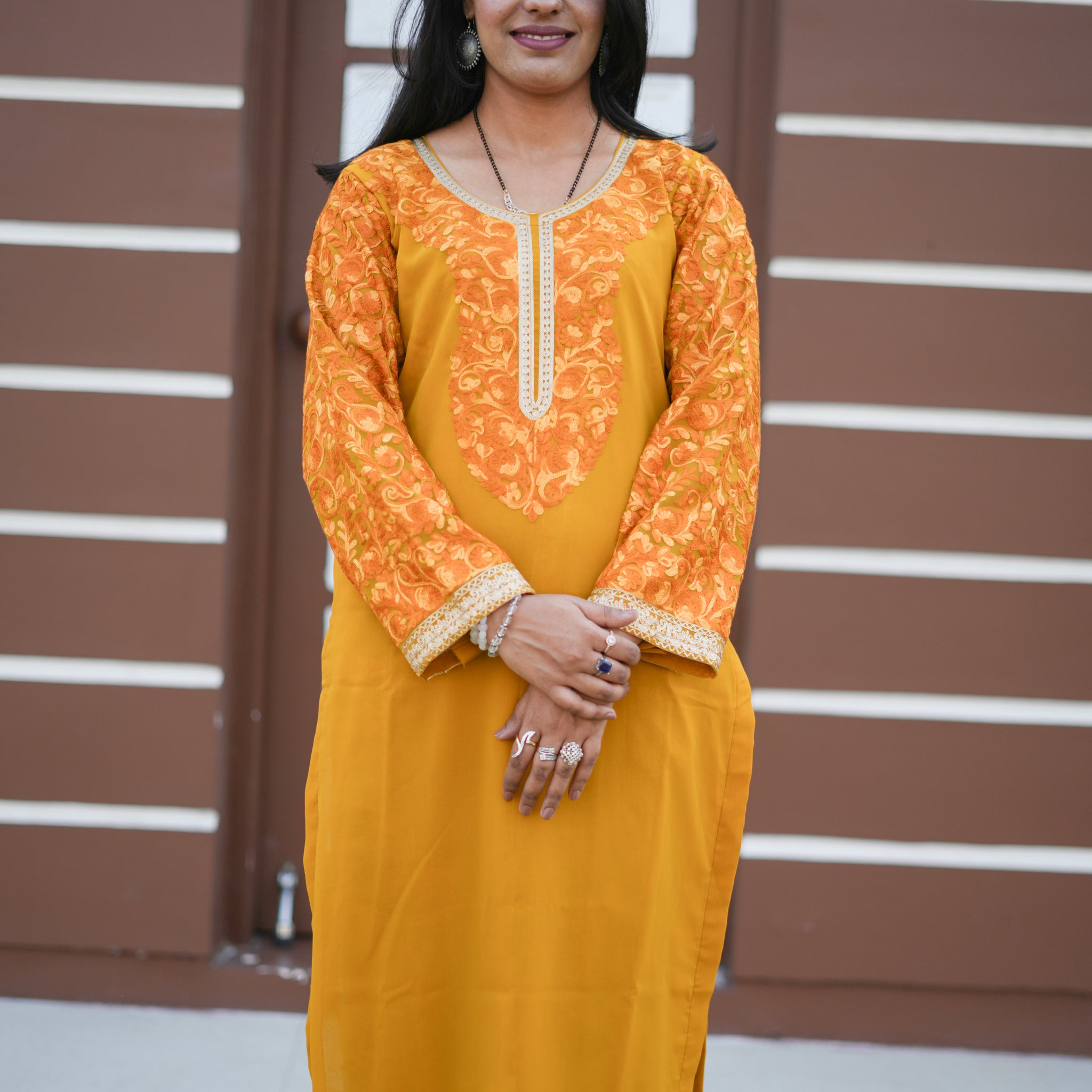 TOK Aari Embroidered Georgette Women's Long Kurta - Mustard