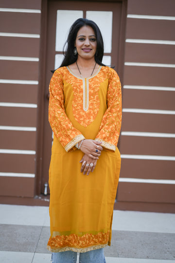 TOK Aari Embroidered Georgette Women's Long Kurta - Mustard