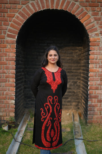 TOK Aari Embroidered Cotton Solid Women's Long Kurta - Black
