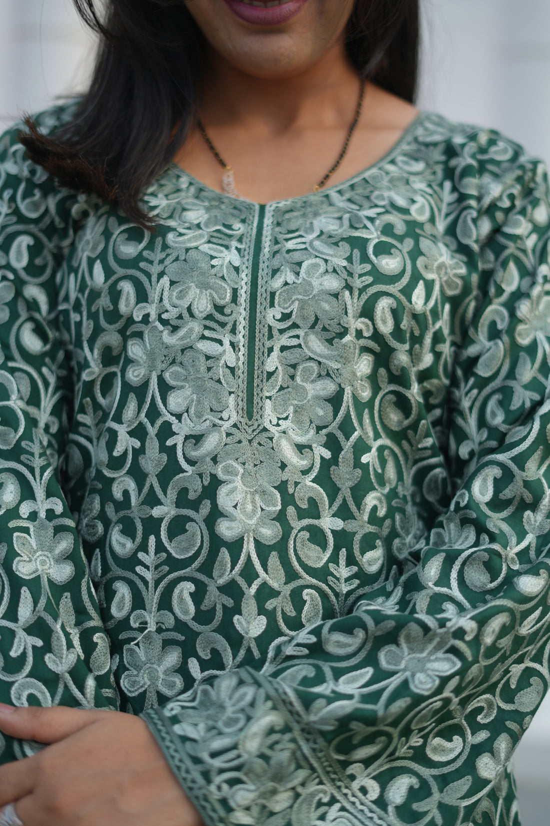 TOK Aari Embroidered Cotton Solid Women's Short Kurta - Dark Green