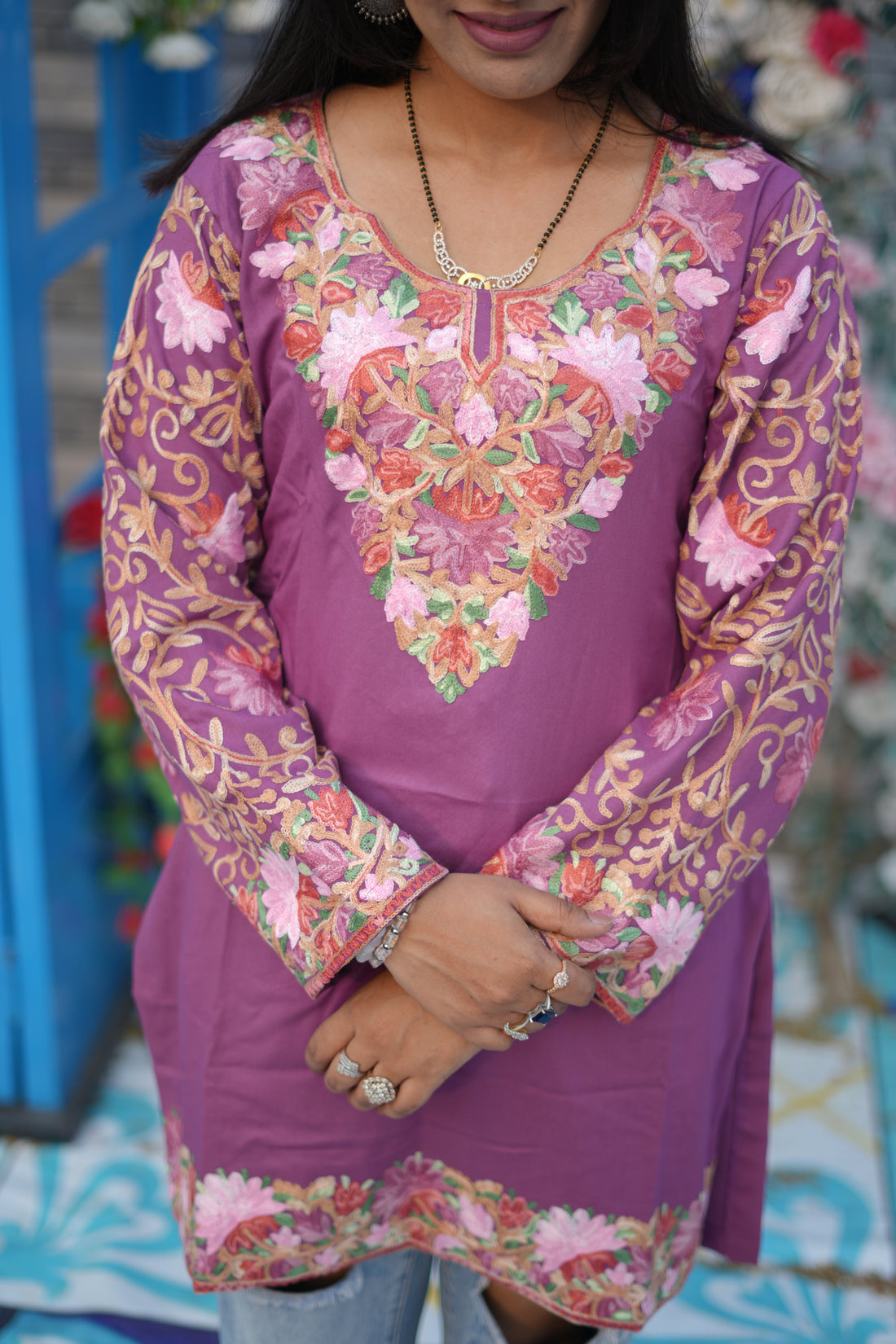 TOK Aari Embroidered Cotton Solid Women's Short Kurta - Purple