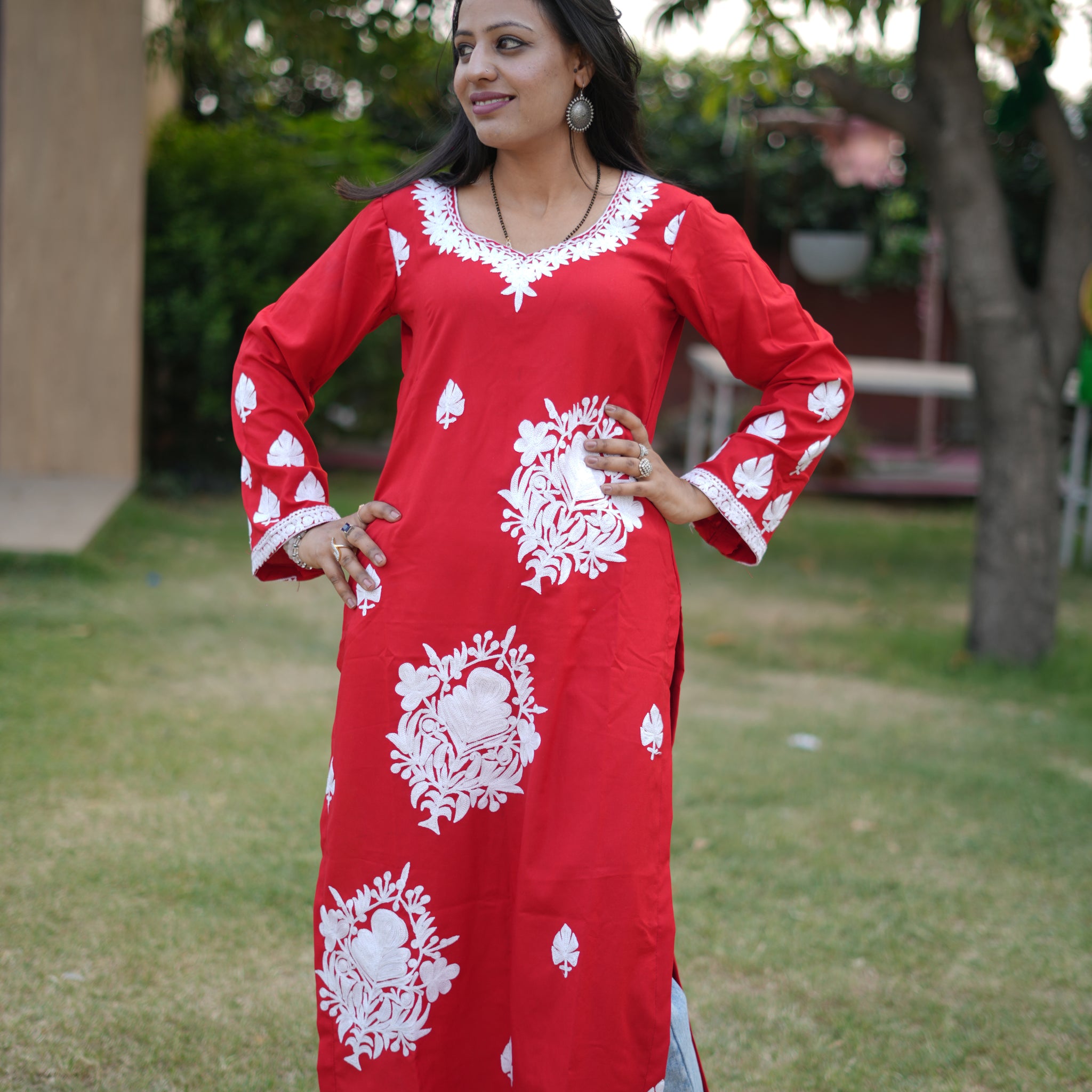 TOK Aari Embroidered Cotton Solid Women's Long Kurta - Red