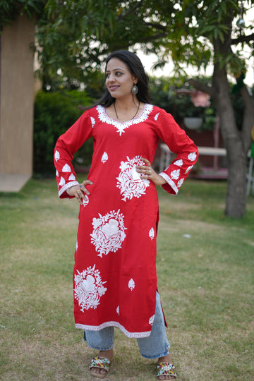 TOK Aari Embroidered Cotton Solid Women's Long Kurta - Red