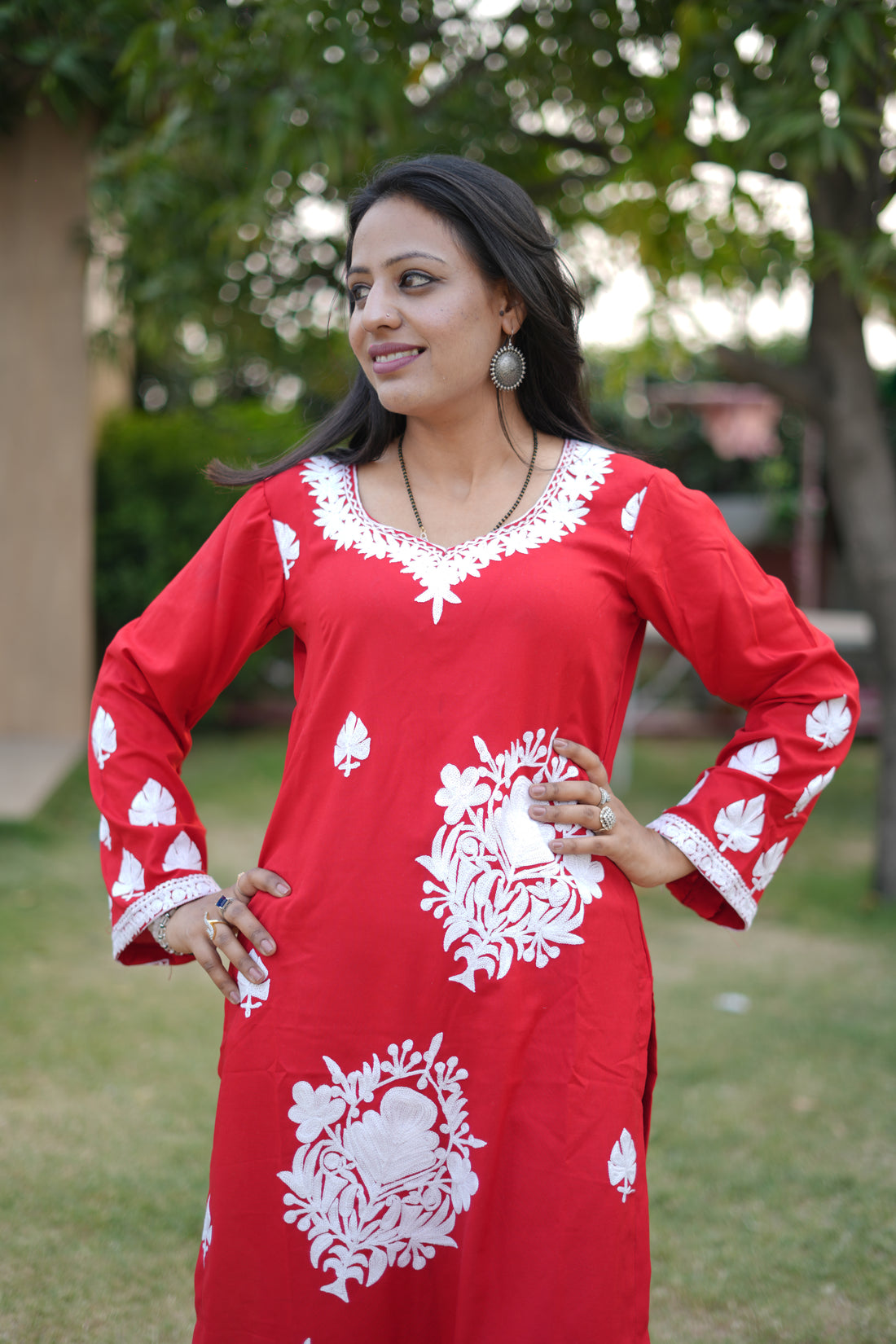 TOK Aari Embroidered Cotton Solid Women's Long Kurta - Red