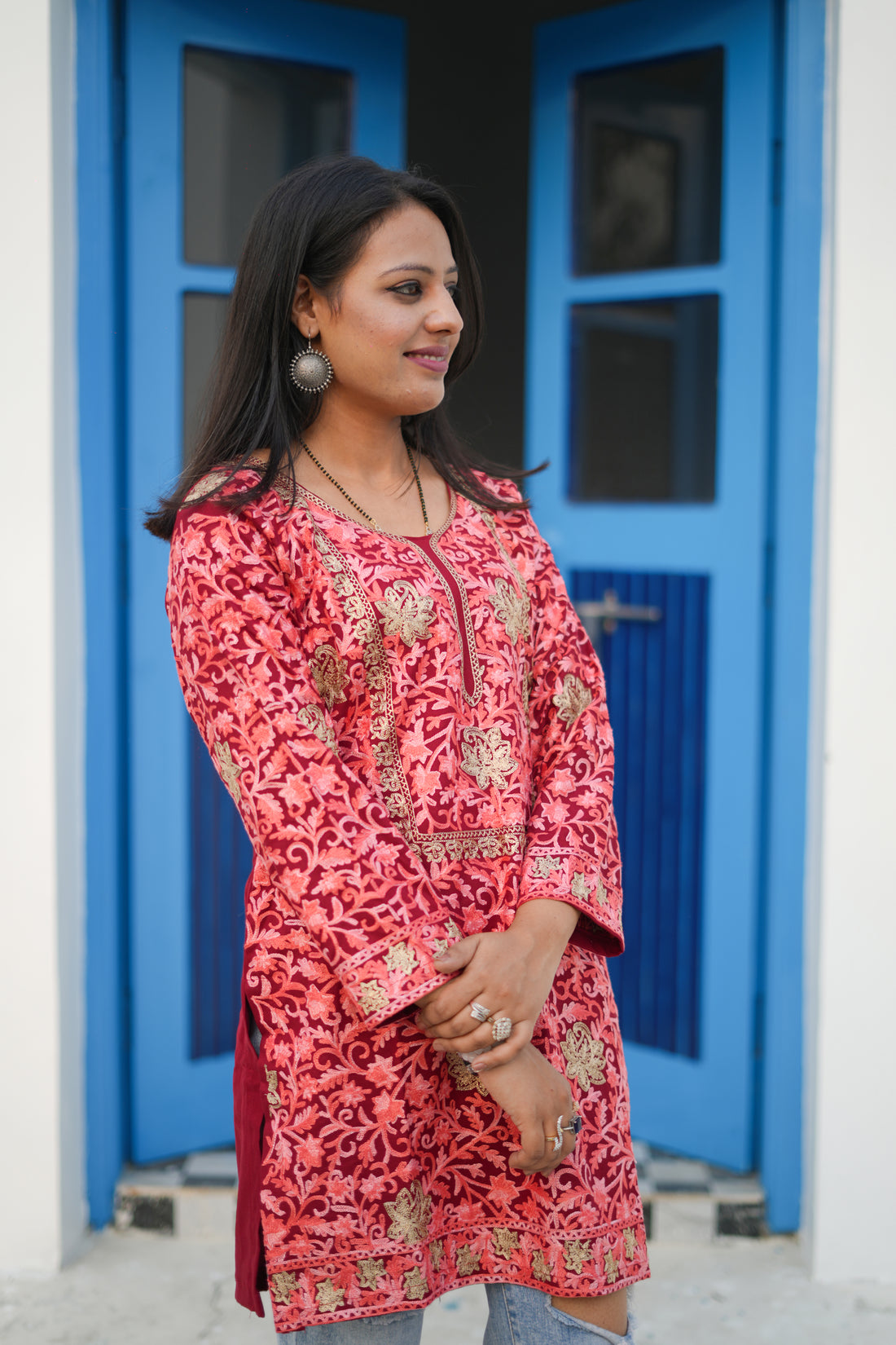 TOK Aari Embroidered Cotton Solid Women's Short Kurta - Red