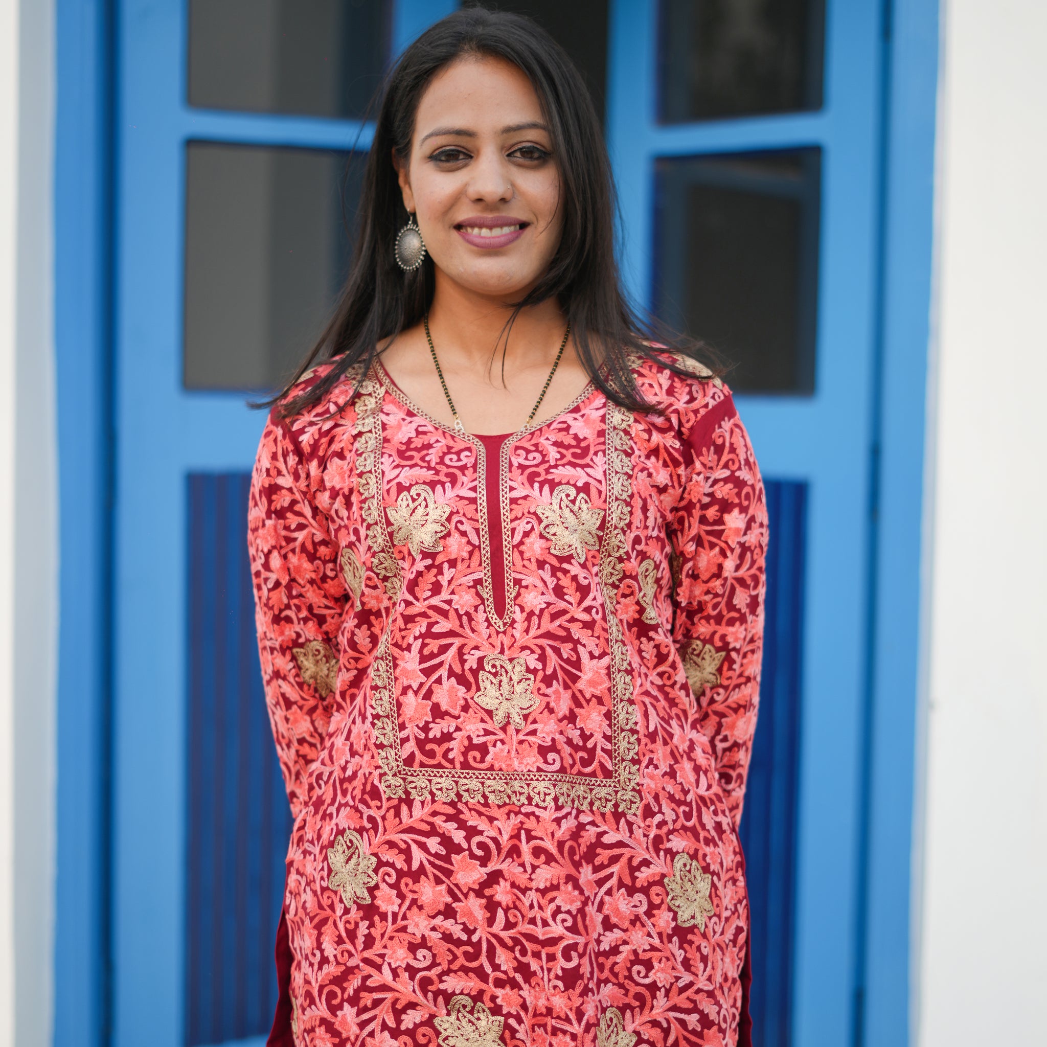TOK Aari Embroidered Cotton Solid Women's Short Kurta - Red