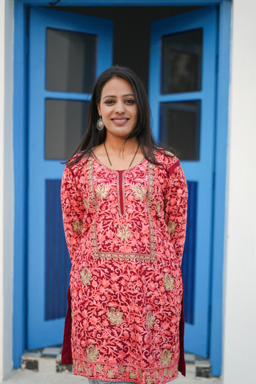 TOK Aari Embroidered Cotton Solid Women's Short Kurta - Red