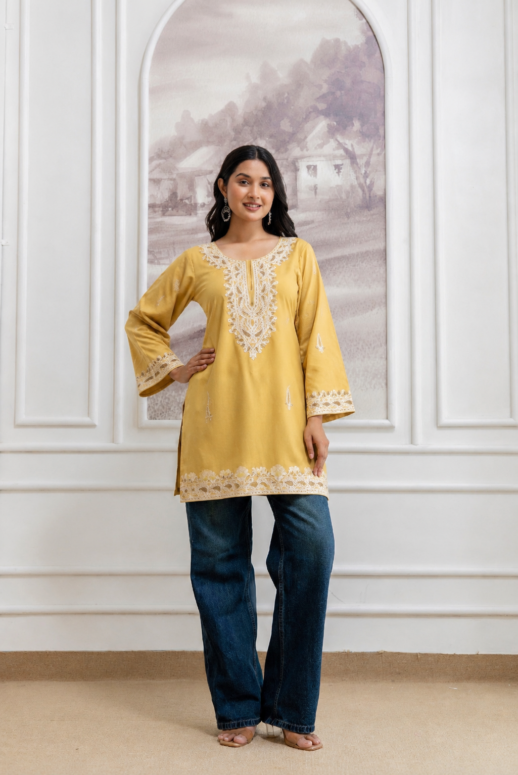 TOK Aari Embroidered Cotton Solid Women's Short Kurta - Yellow
