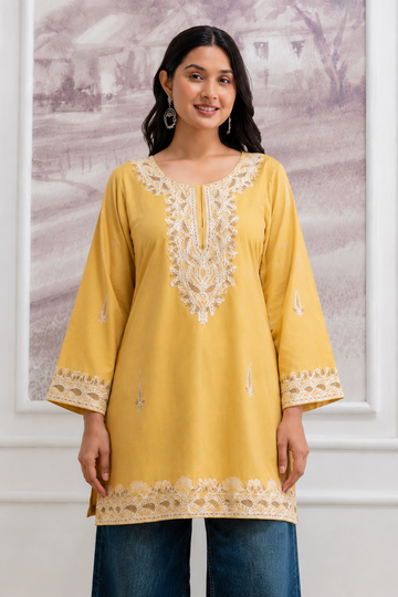 TOK Aari Embroidered Cotton Solid Women's Short Kurta - Yellow