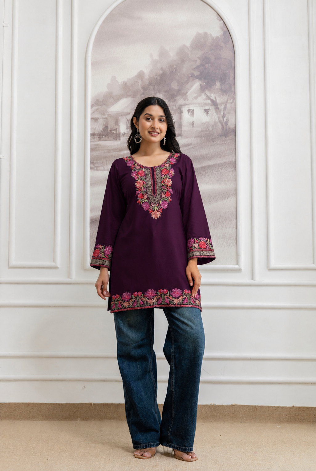 TOK Aari Embroidered Cotton Solid Women's Short Kurta - Wine