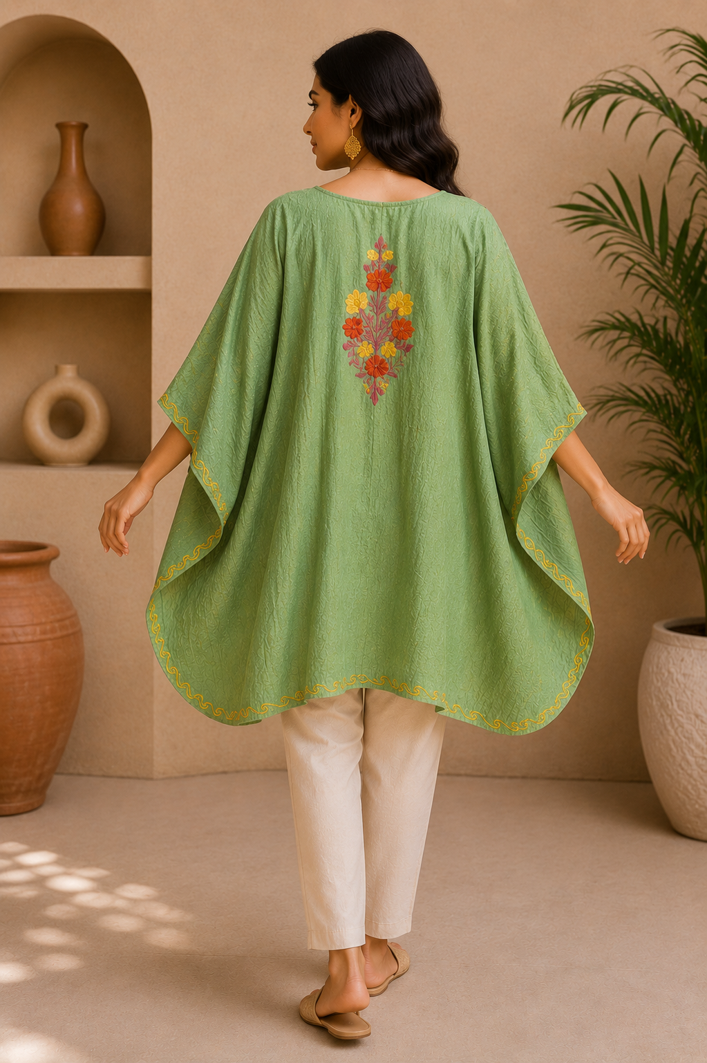 Light green Crush Cotton Kaftan – Multicolor Embroidery | All-Purpose Comfort Ethnic Wear Free Size