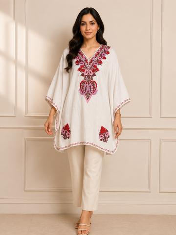 White Crush Cotton Kaftan – Multicolor Embroidery | All-Purpose Comfort Ethnic Wear Free Size