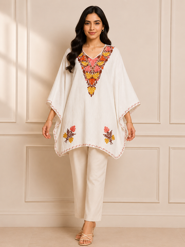 White Crush Cotton Kaftan – Multicolor Embroidery | All-Purpose Comfort Ethnic Wear Free Size