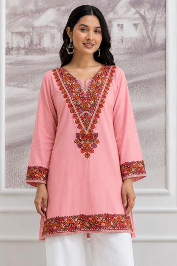 TOK Aari Embroidered Cotton Solid Women's Short Kurta - Light Pink