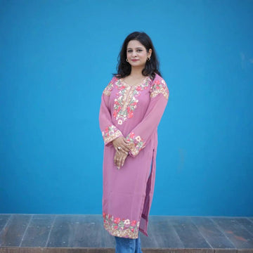 TOK Aari Embroidered Georgette Women's Long Kurta - Pink