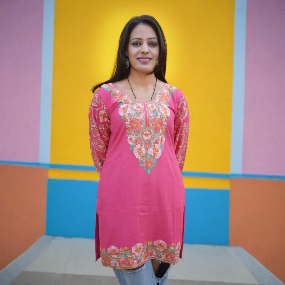 TOK Aari Embroidered Cotton Solid Women's Short Kurta - Pink