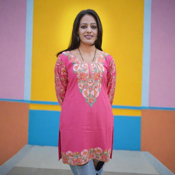 TOK Aari Embroidered Cotton Solid Women's Short Kurta - Pink