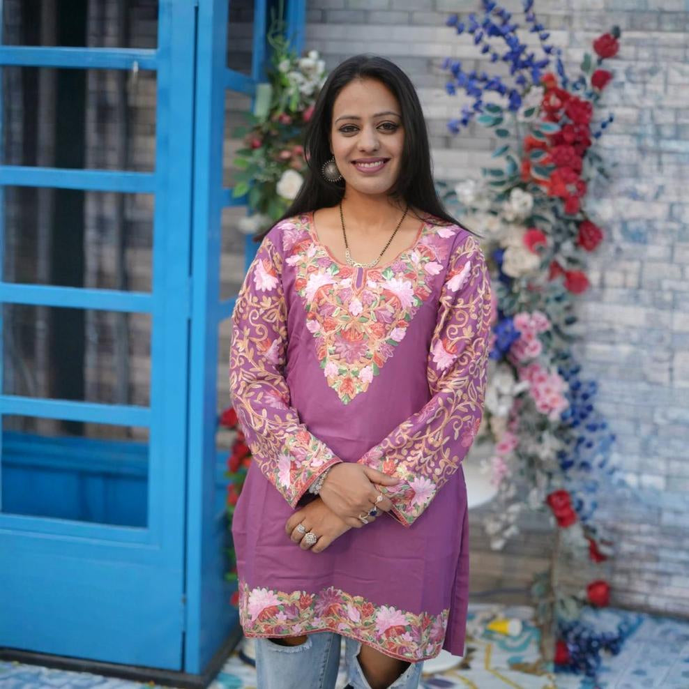 TOK Aari Embroidered Cotton Solid Women's Short Kurta - Purple