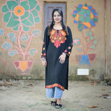 Black Cotton Kurti with Multi-hued Floral Aari Embroidery
