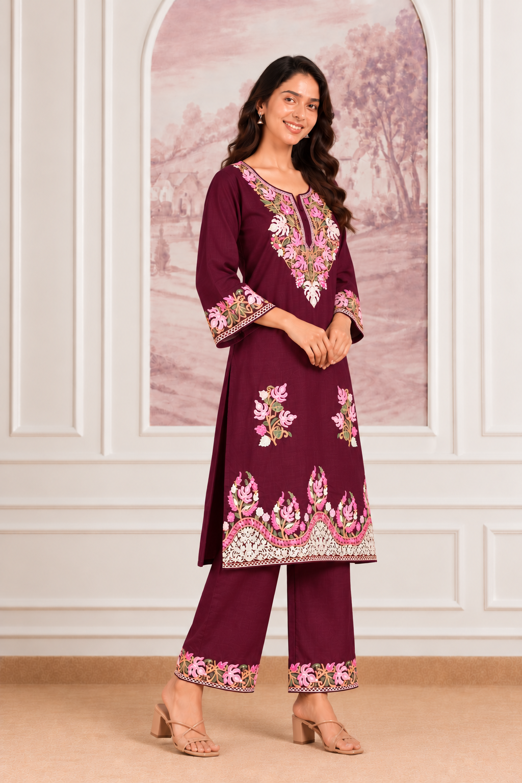 TOK Aari Embroidered Cotton Solid Women's 2PC Co-ord Set - Wine