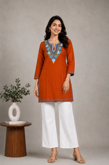 TOK Aari Embroidered Cotton Solid Women's Short Kurta - Rust
