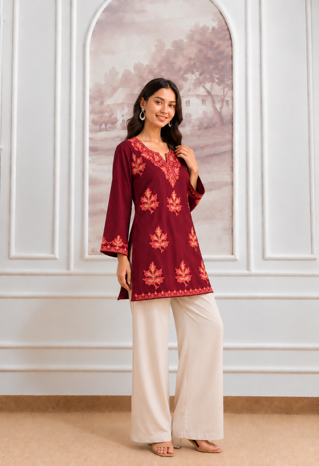 TOK Aari & Zari Embroidered Cotton Solid Women's Short Kurta - Maroon