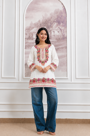 TOK Aari Embroidered Cotton Solid Women's Short Kurta - White