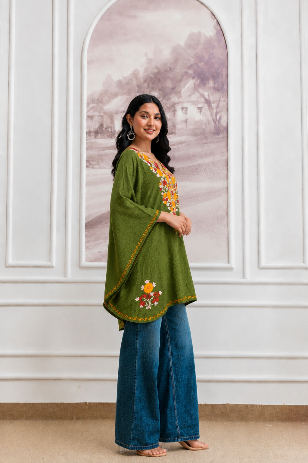 Green Crush Cotton Kaftan – Multicolor Embroidery | All-Purpose Comfort Ethnic Wear Free Size