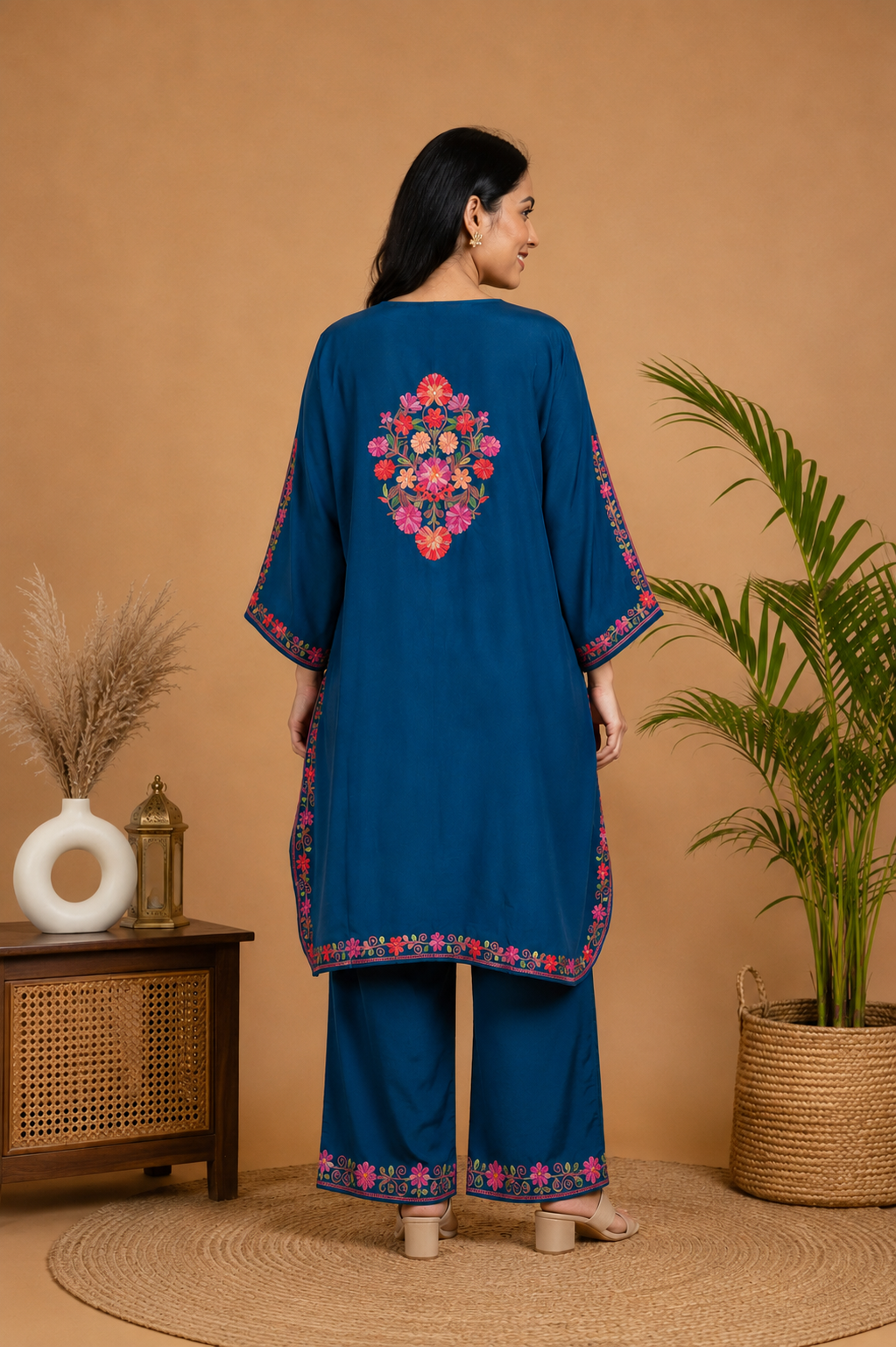 TOK Aari Embroidered Cotton Solid Women's 2PC Kaftan Set - Royal Blue