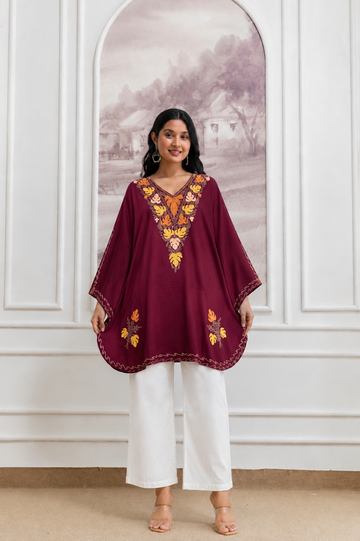 Deep Maroon Crush Cotton Kaftan – Multicolor Embroidery | All-Purpose Comfort Ethnic Wear Free Size