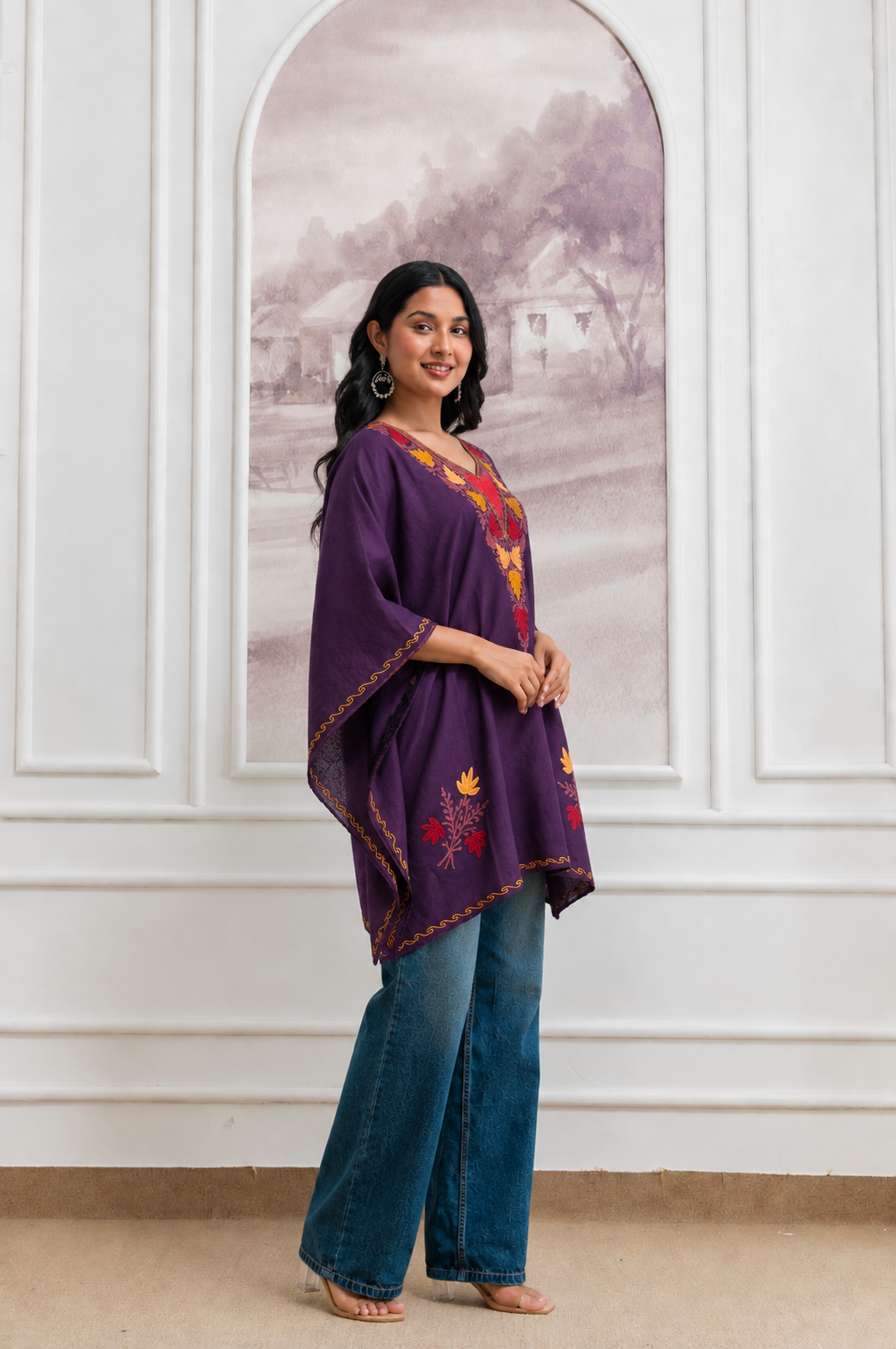 Deep Purple Crush Cotton Kaftan – Multicolor Embroidery | All-Purpose Comfort Ethnic Wear Free Size