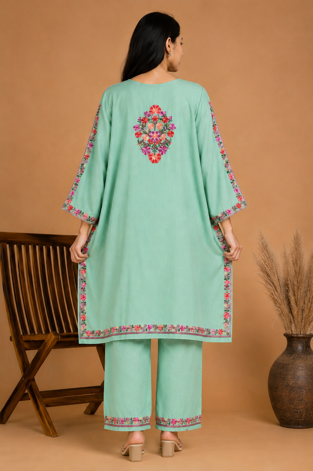 TOK Aari Embroidered Cotton Solid Women's 2PC Kaftan Set - Pista Green