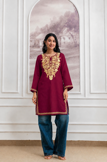 TOK Aari Embroidered Cotton Solid Women's Long Kurta - Maroon