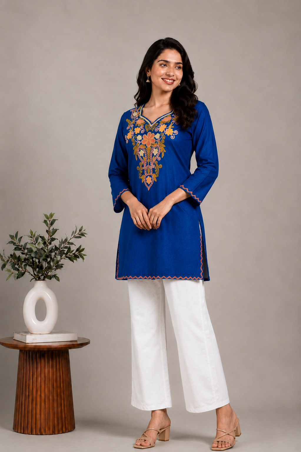TOK Aari Embroidered Cotton Solid Women's Short Kurta - Blue