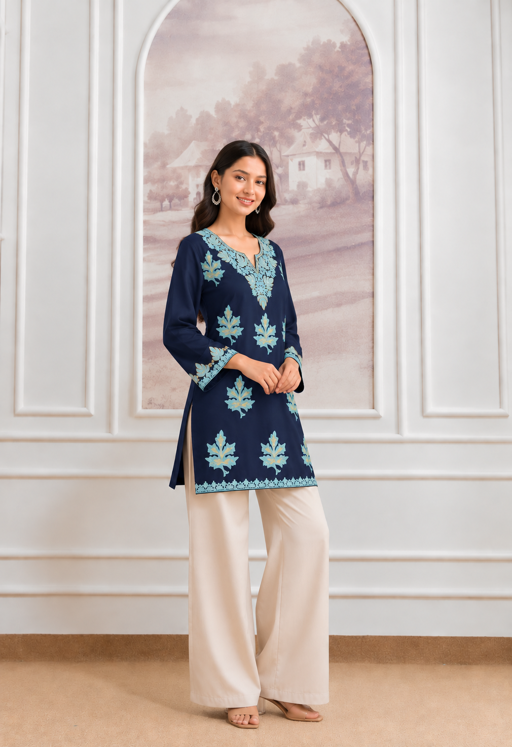 TOK Aari & Zari Embroidered Cotton Solid Women's Short Kurta - Navy Blue
