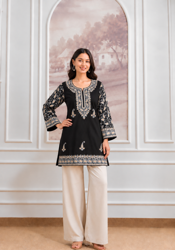TOK Aari Embroidered Cotton Solid Women's Short Kurta - Black