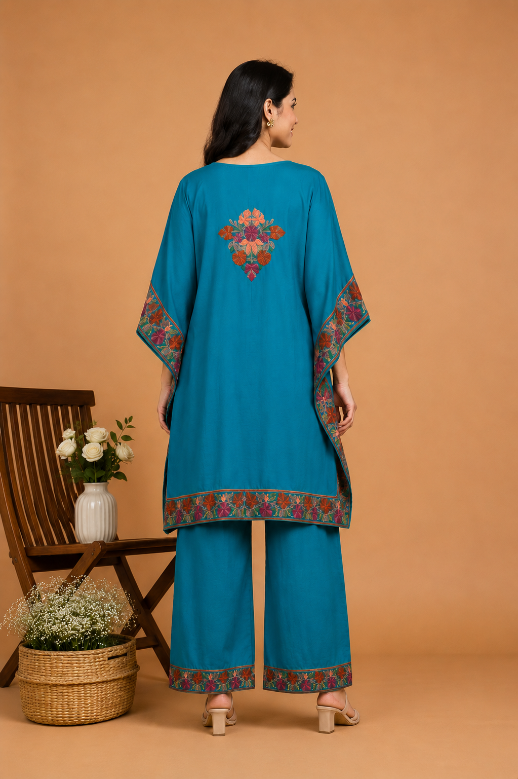 TOK Aari Embroidered Cotton Solid Women's 2PC Kaftan Set - Blue