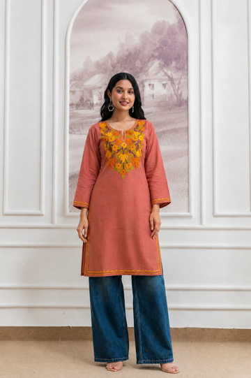 TOK Aari Embroidered Cotton Solid Women's Long Kurta - Rust Orange