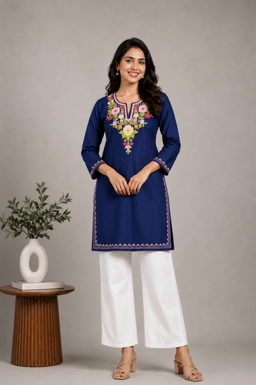 TOK Aari Embroidered Cotton Solid Women's Short Kurta - Blue