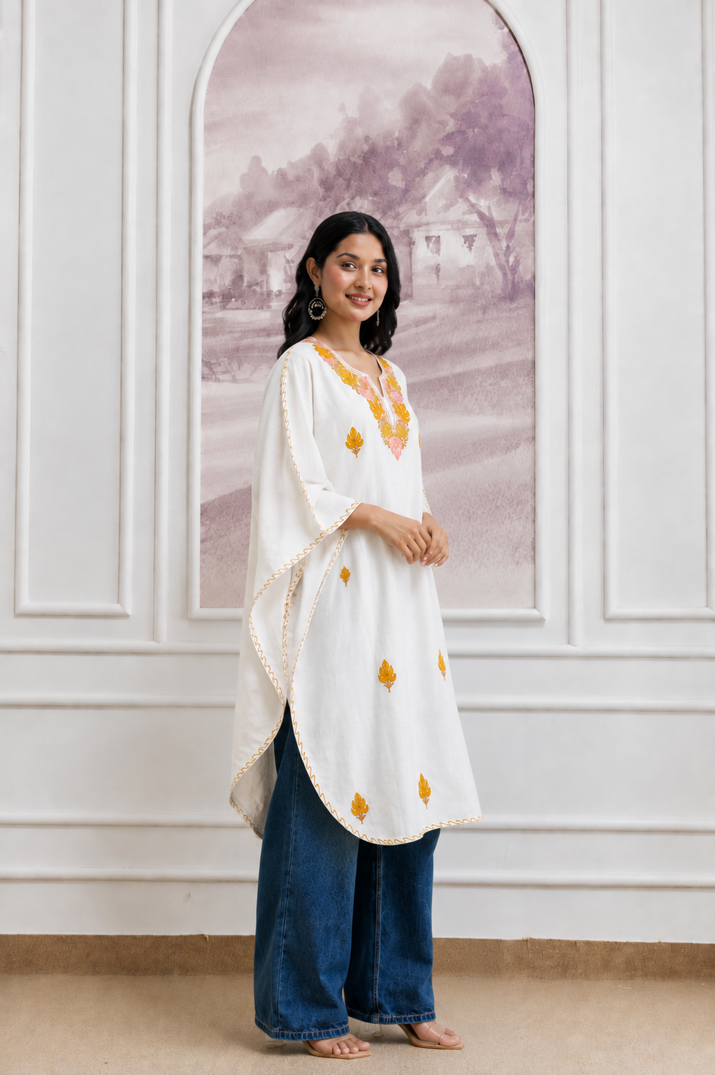 White Crush Cotton Kaftan – Multicolor Embroidery | All-Purpose Comfort Ethnic Wear Free Size