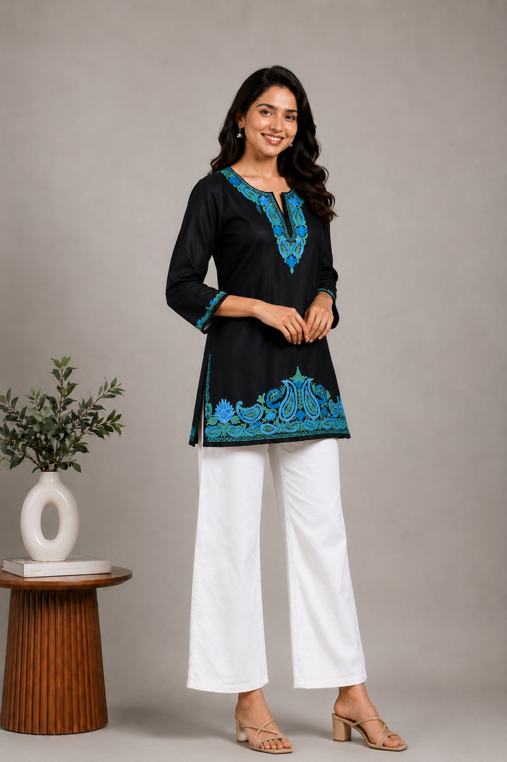 TOK Aari Embroidered Cotton Solid Women's Short Kurta - Black
